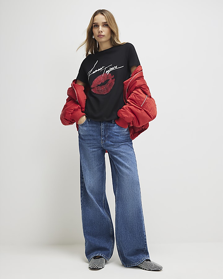 River Island Black L'amour Lips T-Shirt