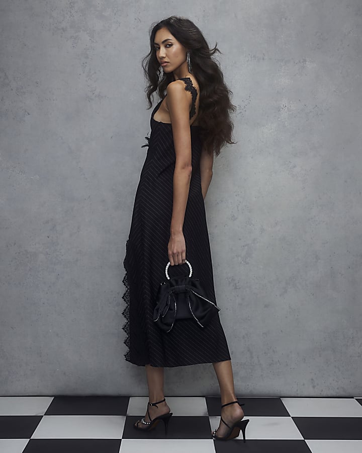 River Island Black Lace Trim Pinstripe Midi Dress