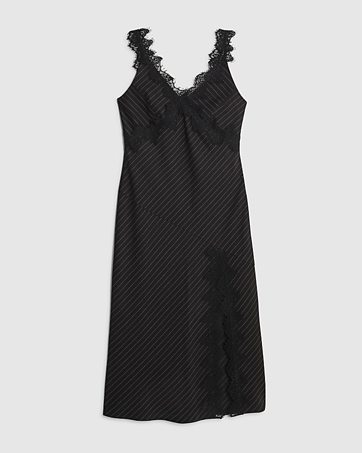river island Black Lace Trim Pinstripe Midi Dress