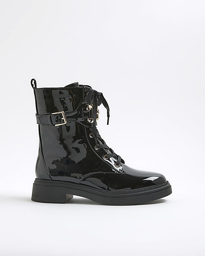 River Island Black Lace Up Buckled Chunky Boots
