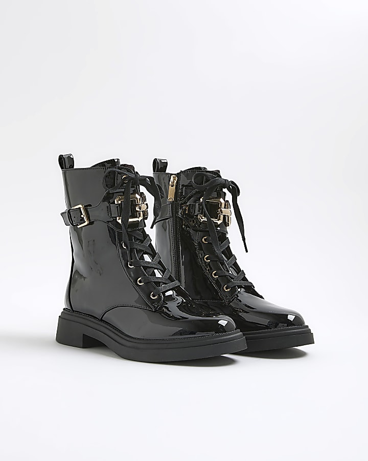 River Island Black Lace Up Buckled Chunky Boots