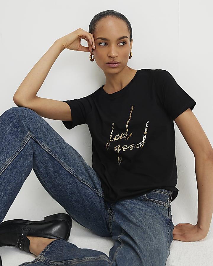 River Island Black Leopard Foil Feel Good T-Shirt