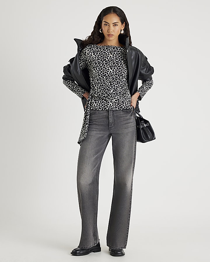 River Island Black Leopard Print Drape Front Top