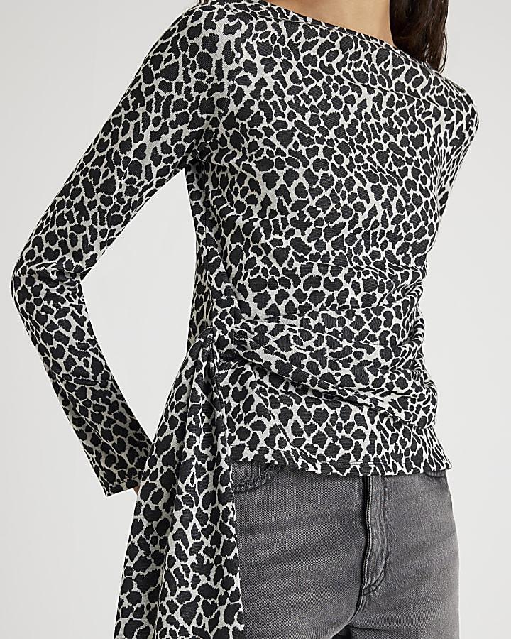River Island Black Leopard Print Drape Front Top