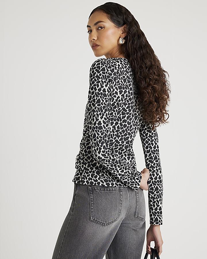 river island Black Leopard Print Drape Front Top