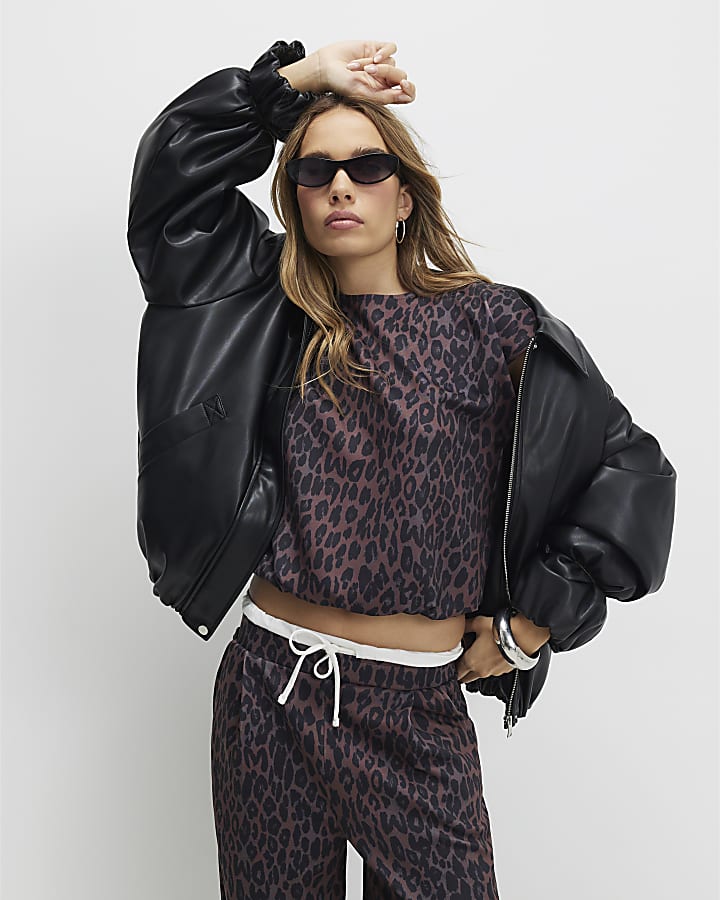 River Island Black Leopard Print Wide Leg Trousers