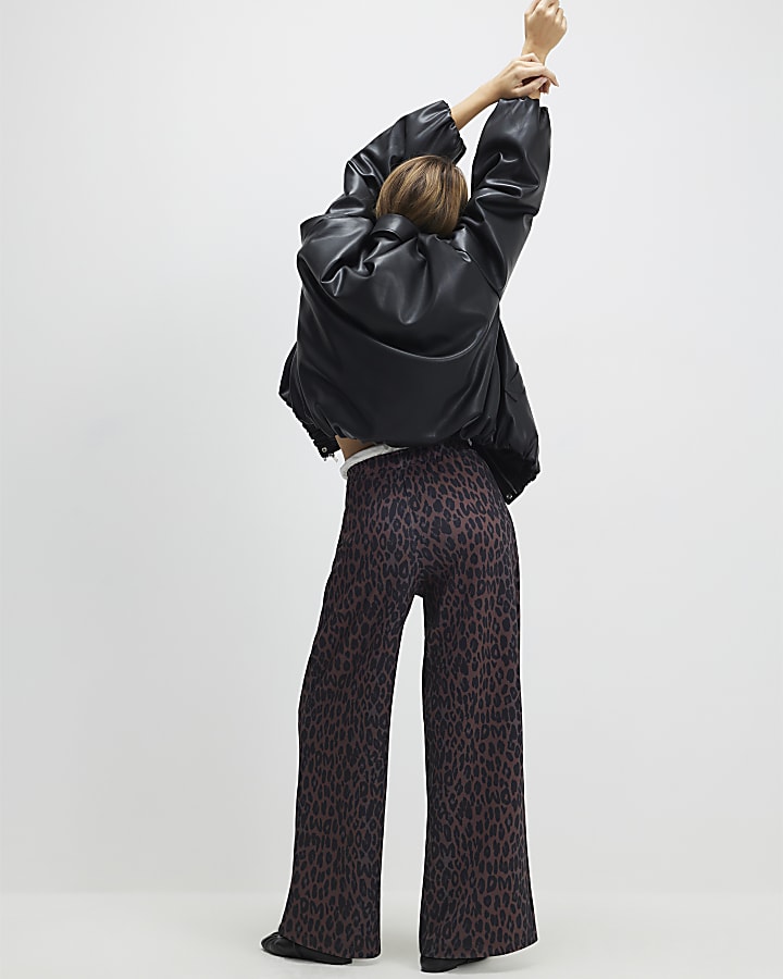 River Island Black Leopard Print Wide Leg Trousers