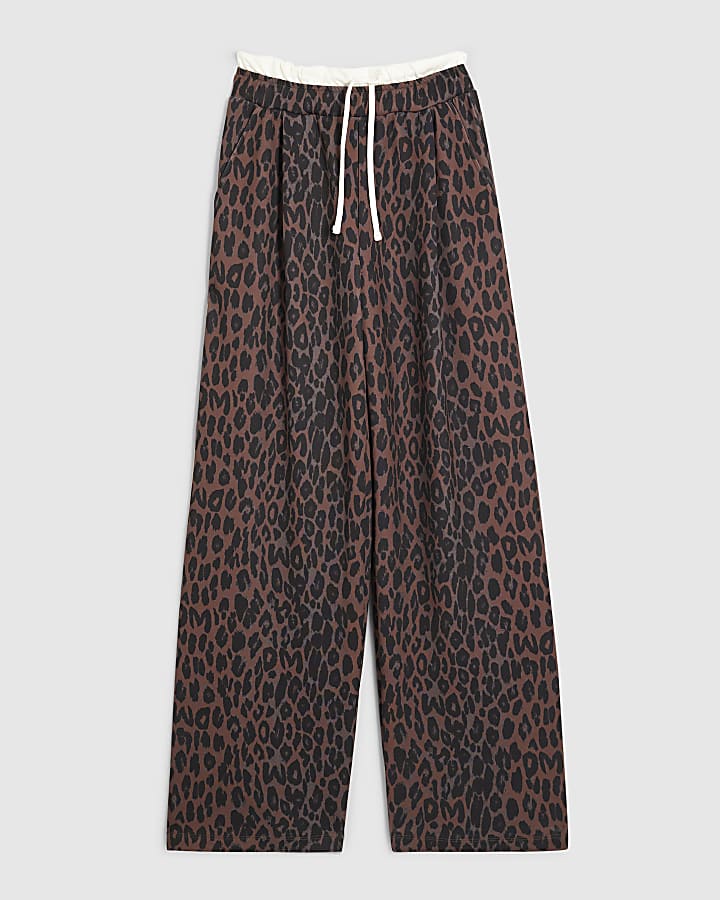 river island Black Leopard Print Wide Leg Trousers