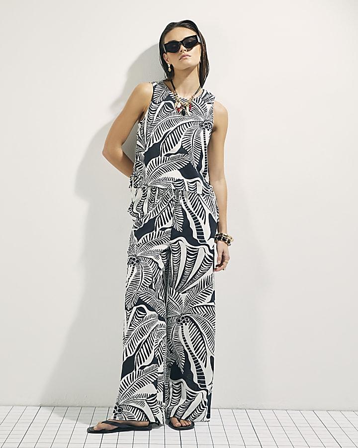 River Island Black Linen Blend Palm Print Tank Top
