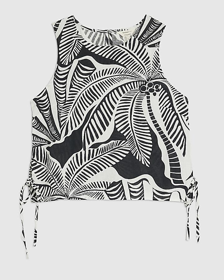 river island Black Linen Blend Palm Print Tank Top