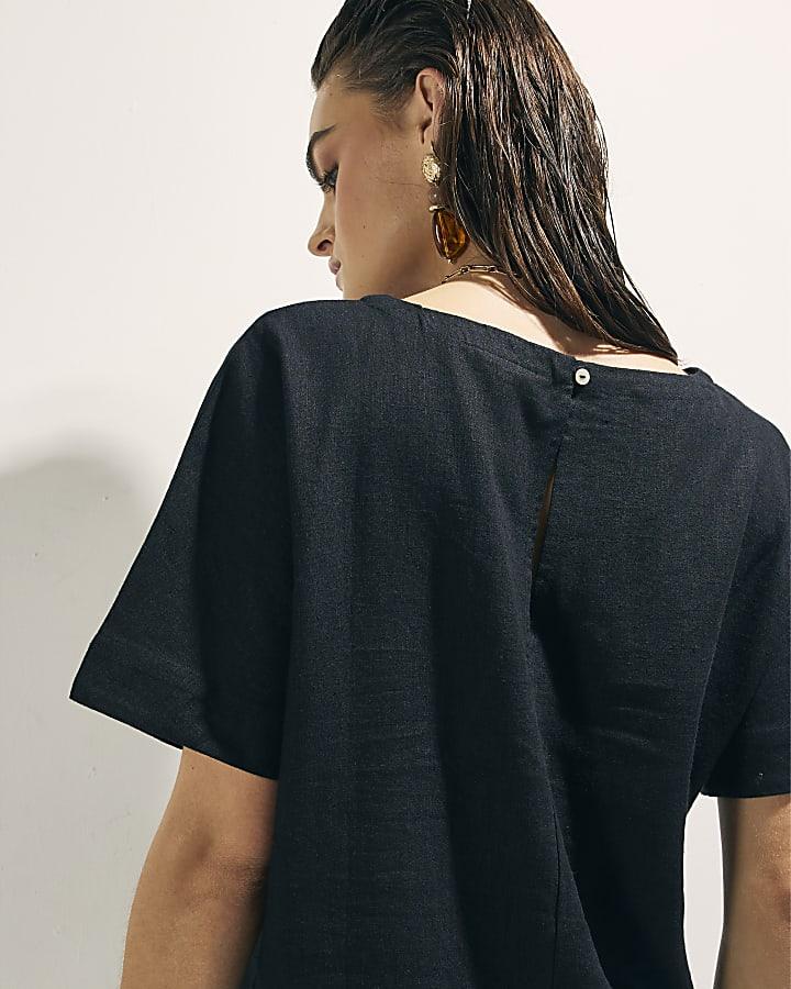 River Island Black Linen Blend Short Sleeve Top