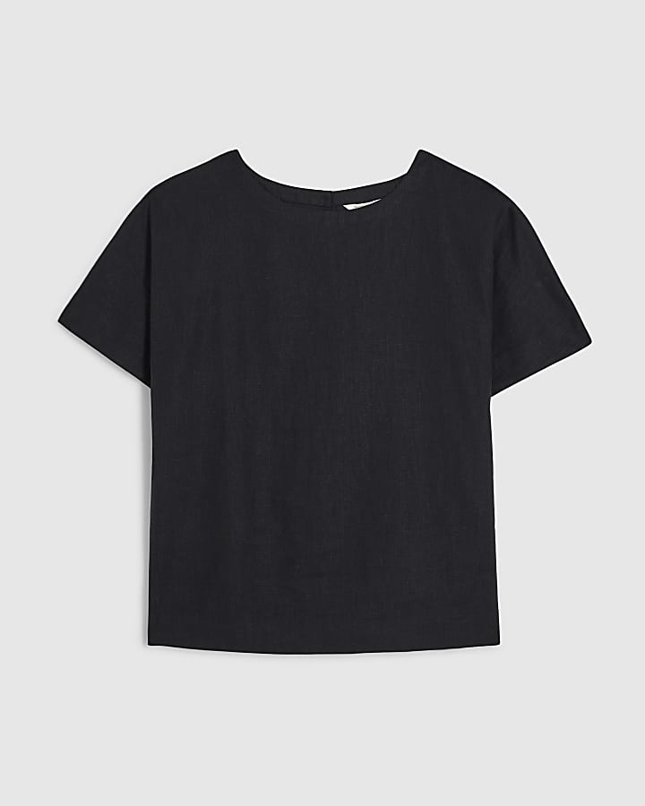river island Black Linen Blend Short Sleeve Top