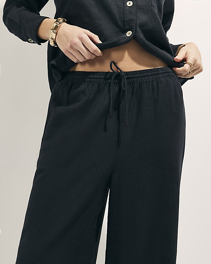 River Island Black Linen Blend Wide Leg Trousers