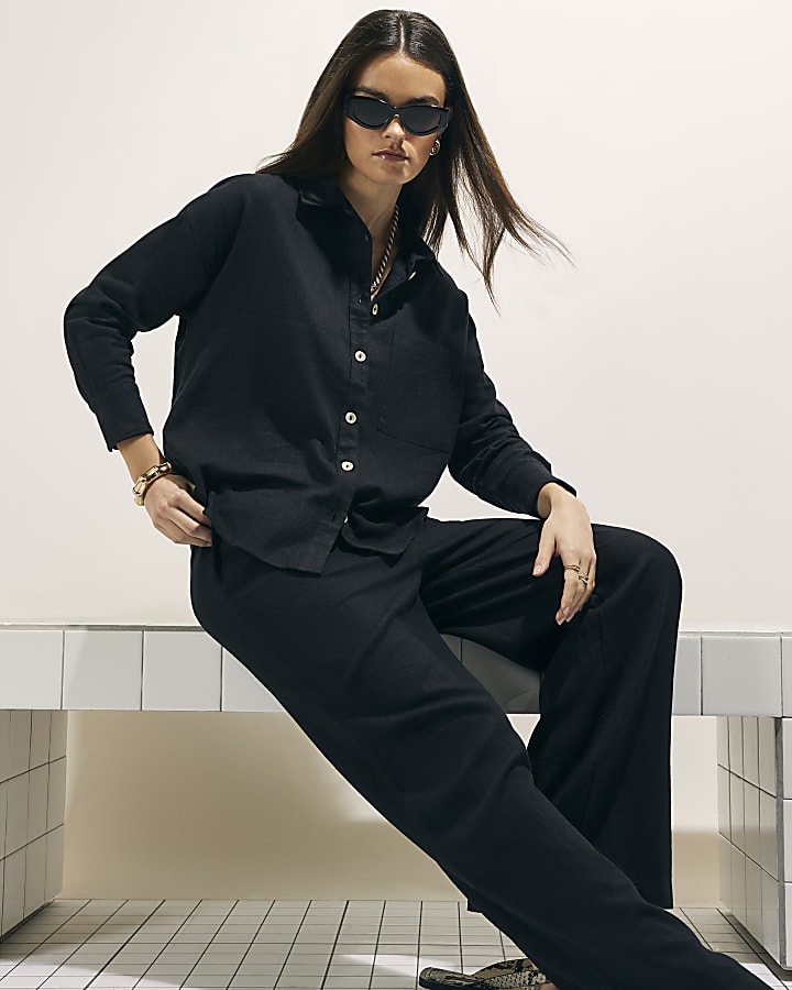 River Island Black Linen Blend Wide Leg Trousers