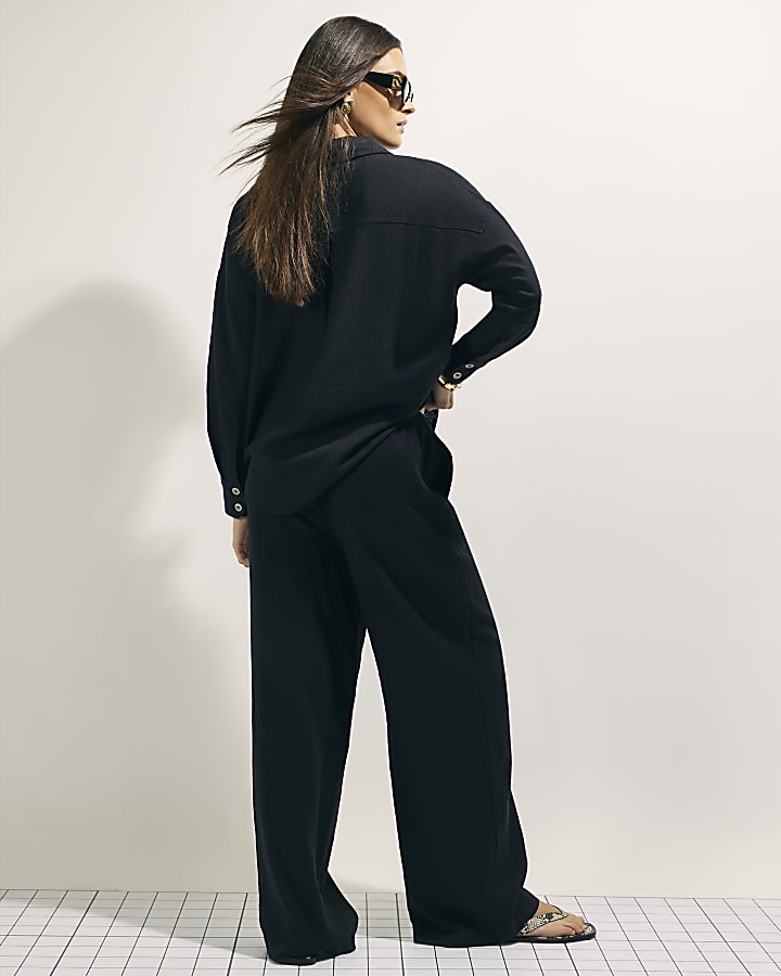 river island Black Linen Blend Wide Leg Trousers
