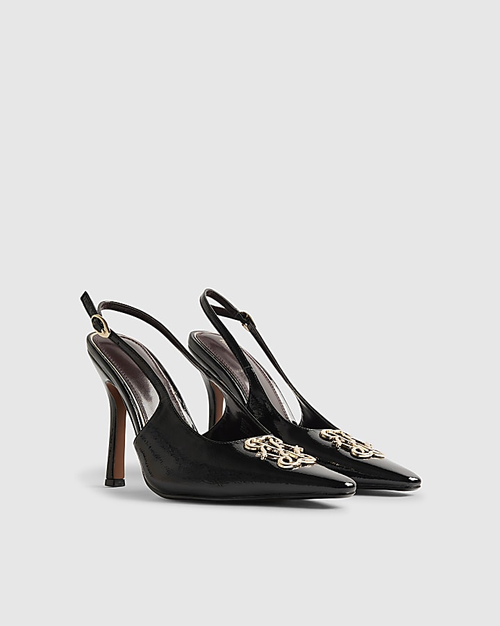 River Island Black Logo Sling Back Court Heels