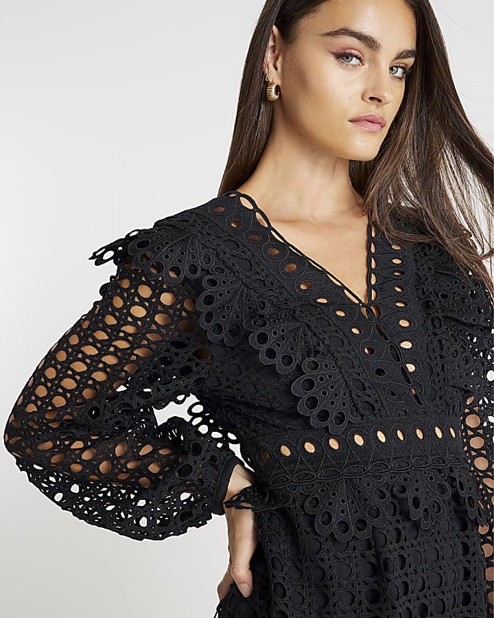 River Island Black Long Sleeve Lace Mini Dress