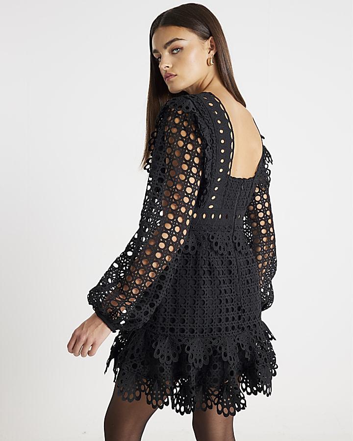 River Island Black Long Sleeve Lace Mini Dress