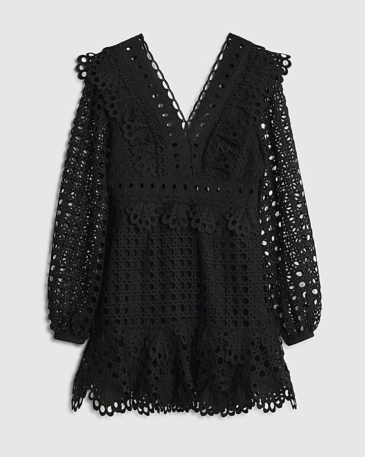 river island Black Long Sleeve Lace Mini Dress
