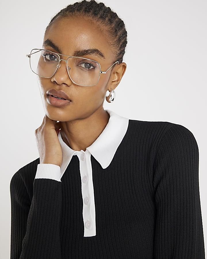 River Island Black Long Sleeve Ribbed Polo Top