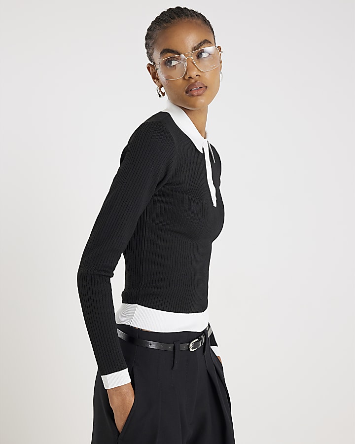 River Island Black Long Sleeve Ribbed Polo Top