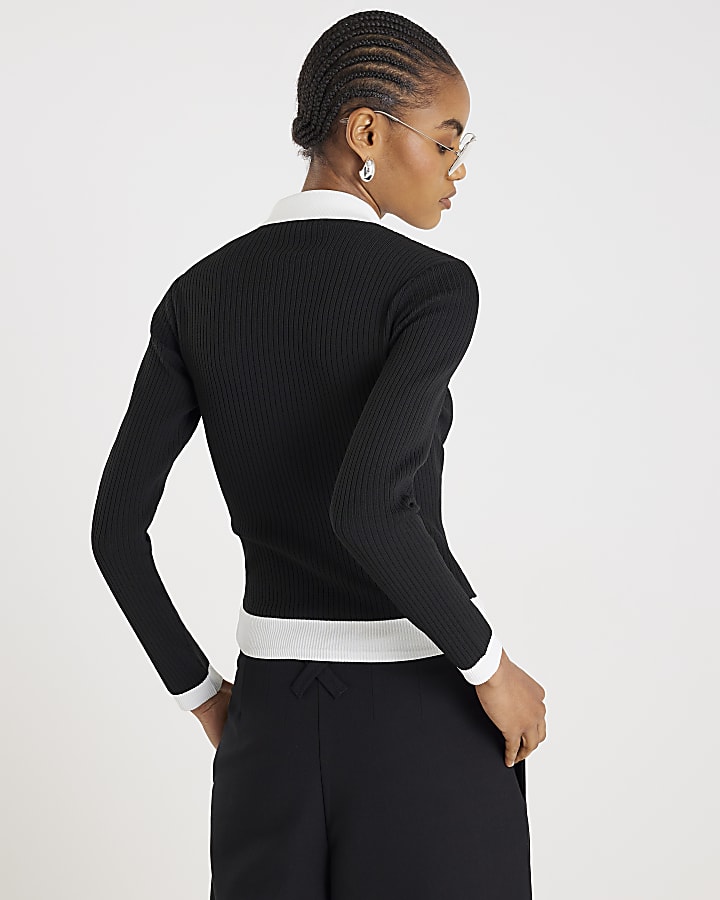 River Island Black Long Sleeve Ribbed Polo Top