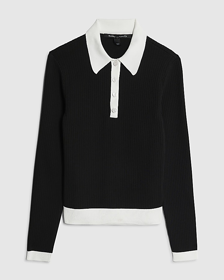 river island Black Long Sleeve Ribbed Polo Top