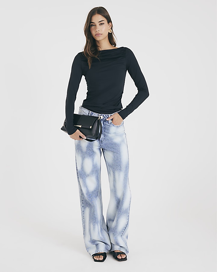 River Island Black Long Sleeve Ruched Drape Top
