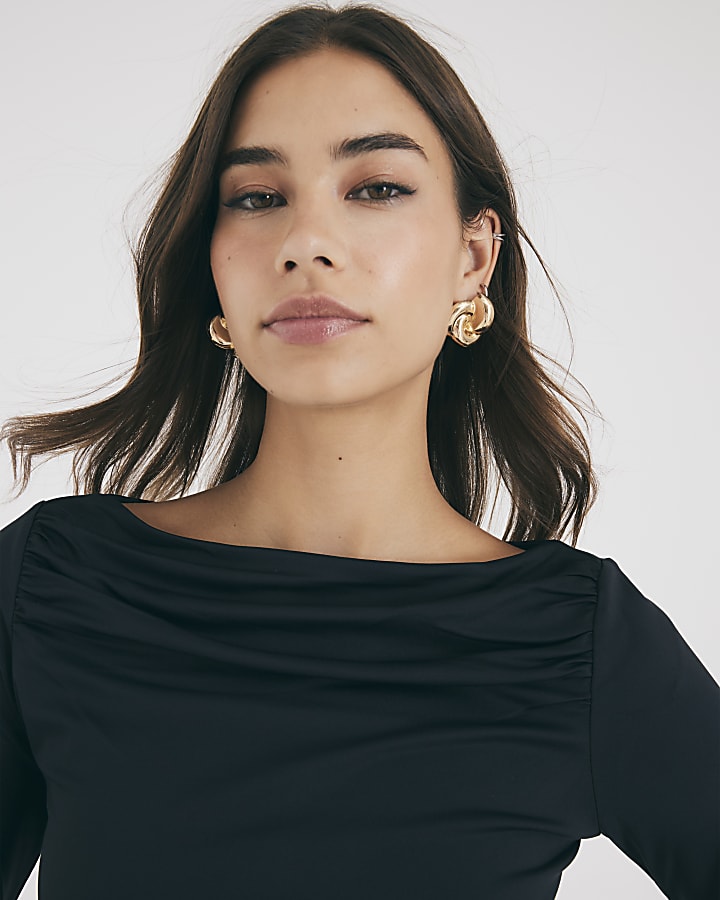 River Island Black Long Sleeve Ruched Drape Top