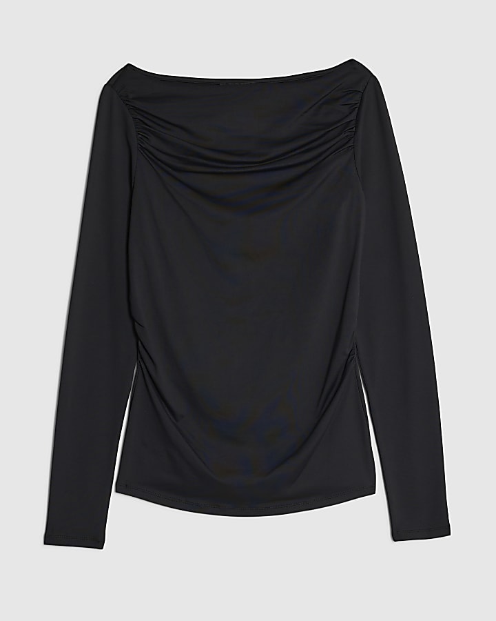 river island Black Long Sleeve Ruched Drape Top