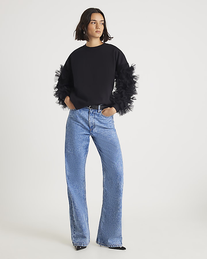 River Island Black Long Sleeve Ruffle Sweatshirt
