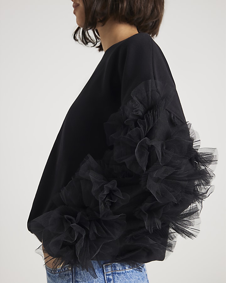 River Island Black Long Sleeve Ruffle Sweatshirt
