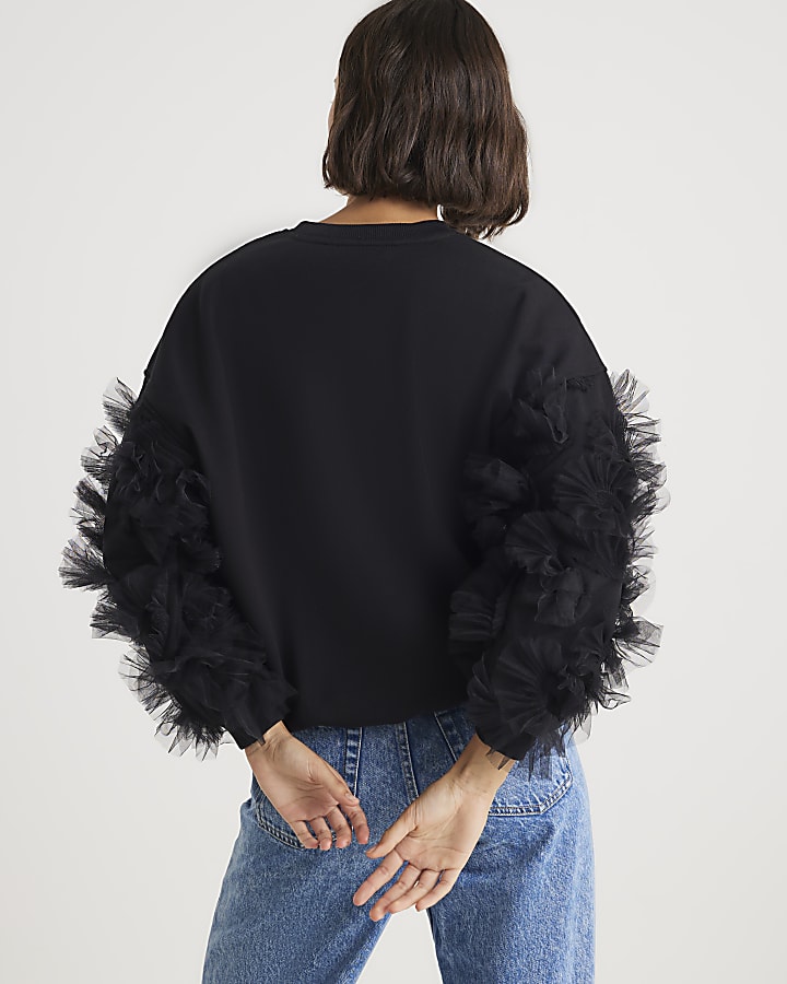 River Island Black Long Sleeve Ruffle Sweatshirt