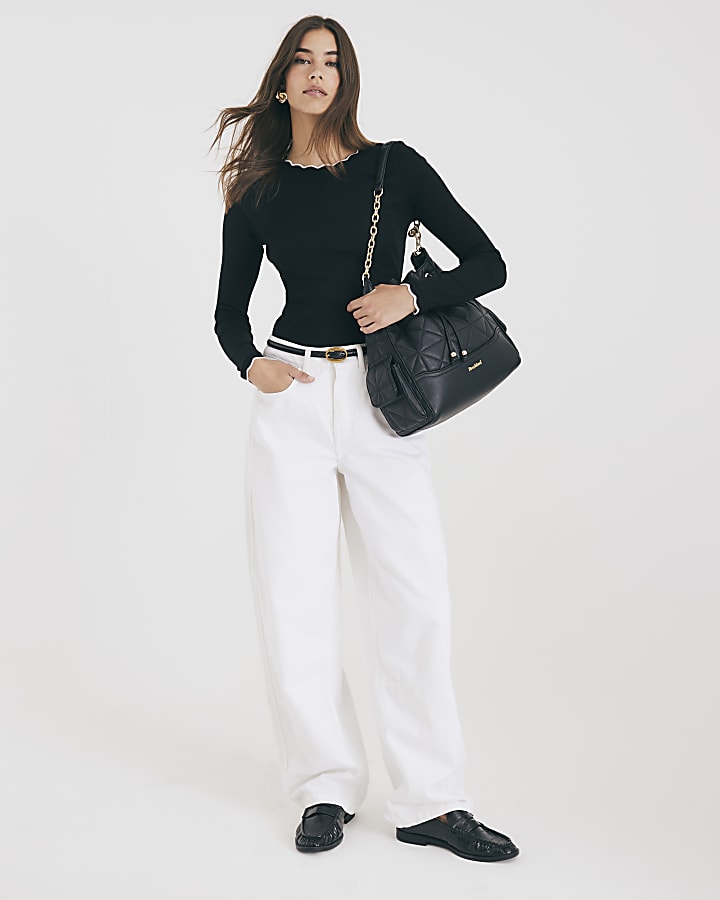 River Island Black Long Sleeve Scallop Trim Top