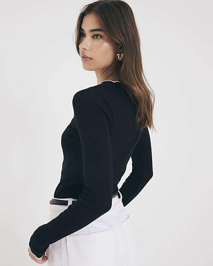 River Island Black Long Sleeve Scallop Trim Top