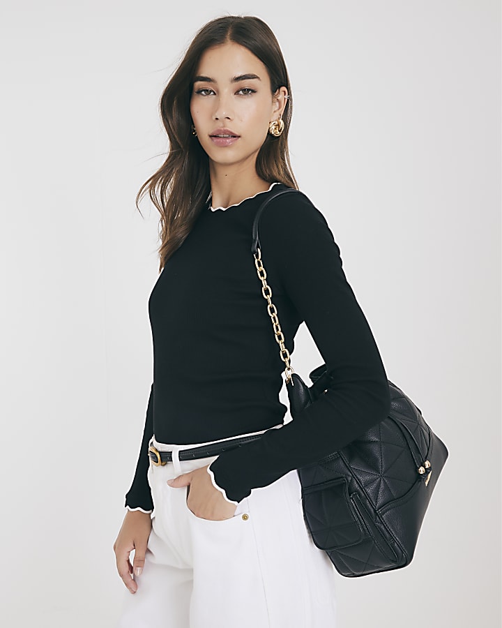 River Island Black Long Sleeve Scallop Trim Top