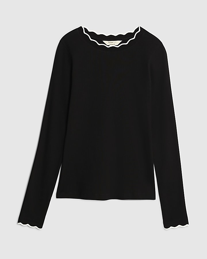 river island Black Long Sleeve Scallop Trim Top