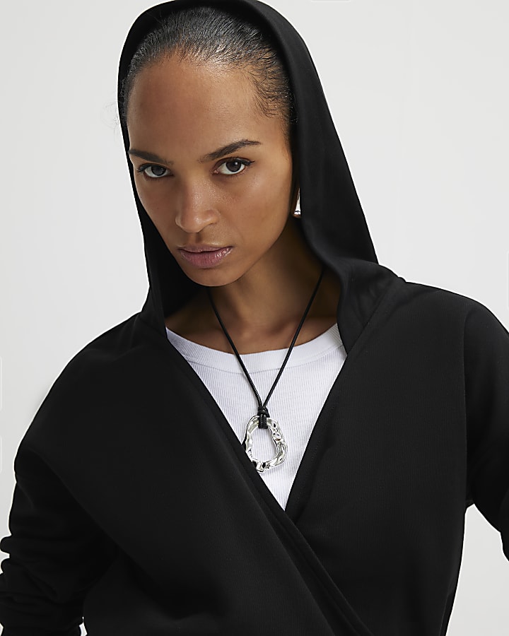 River Island Black Long Sleeve Wrap Front Hoodie