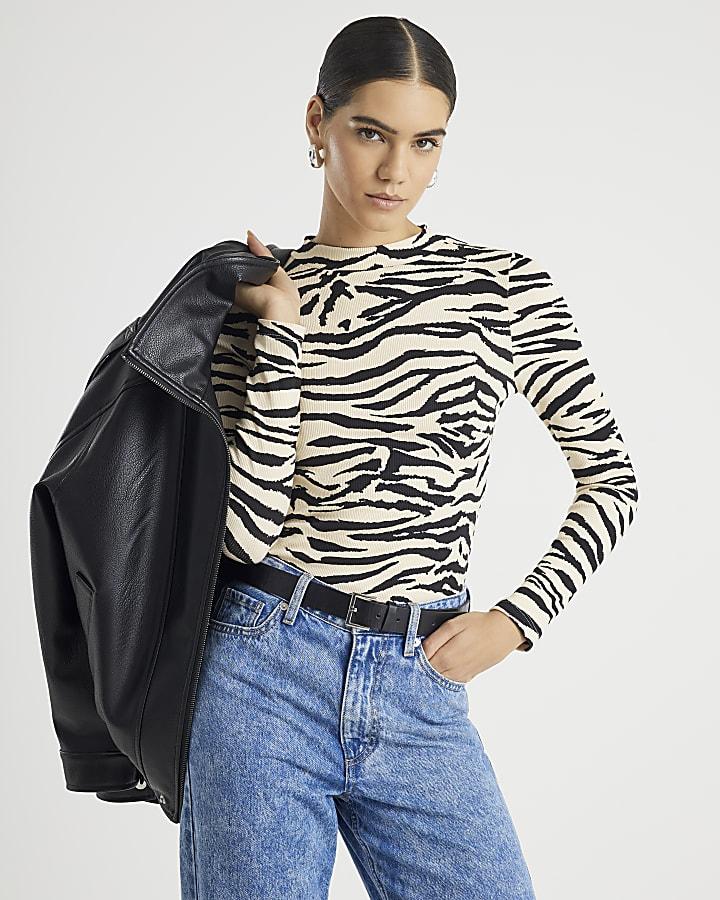 River Island Black Long Sleeve Zebra Print Top