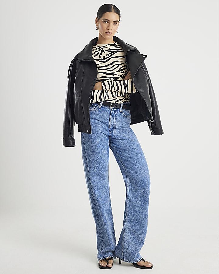 River Island Black Long Sleeve Zebra Print Top