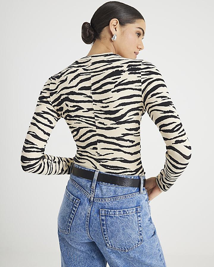 River Island Black Long Sleeve Zebra Print Top