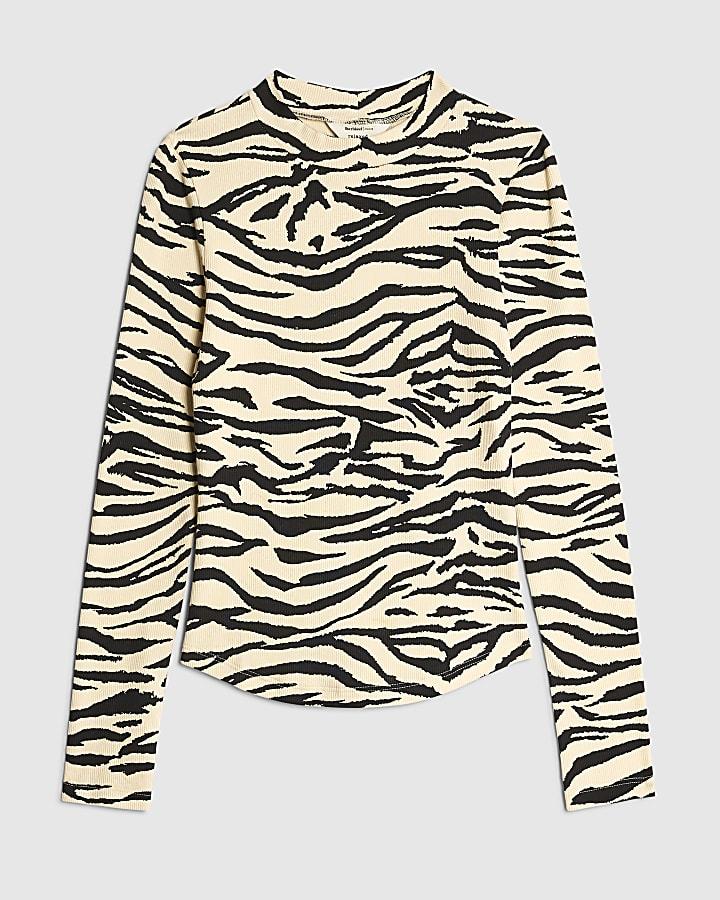 river island Black Long Sleeve Zebra Print Top