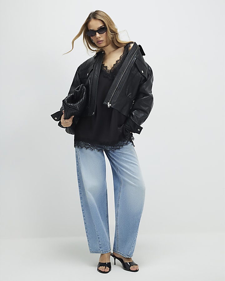 River Island Black Longline Lace Cami Top