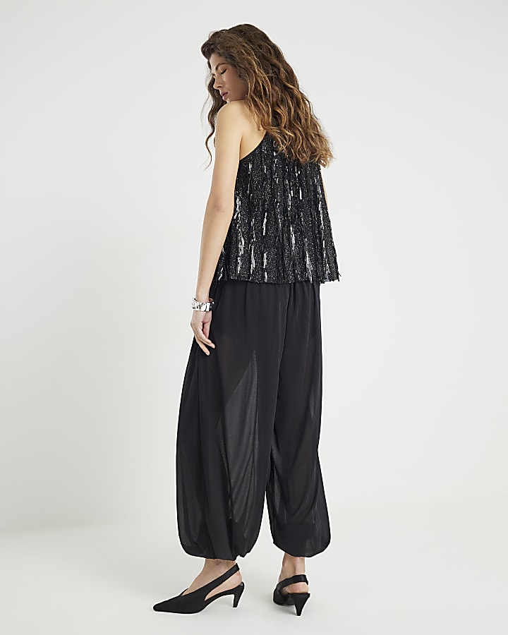 River Island Black Mesh Tie Waist Balloon Trousers
