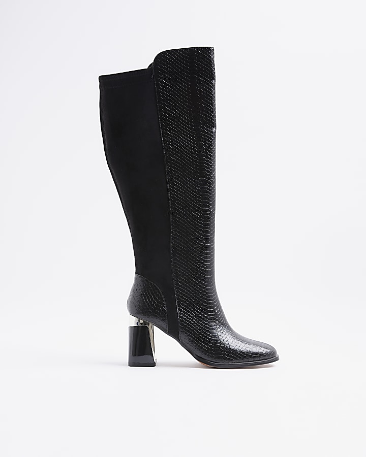 River Island Black Metal Heel Knee High Boots