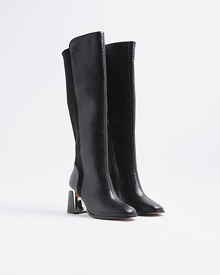 River Island Black Metal Heel Knee High Boots