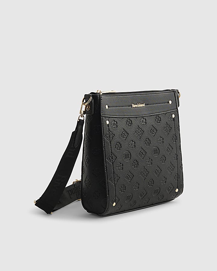 River Island Black Monogram Embossed Messenger Bag