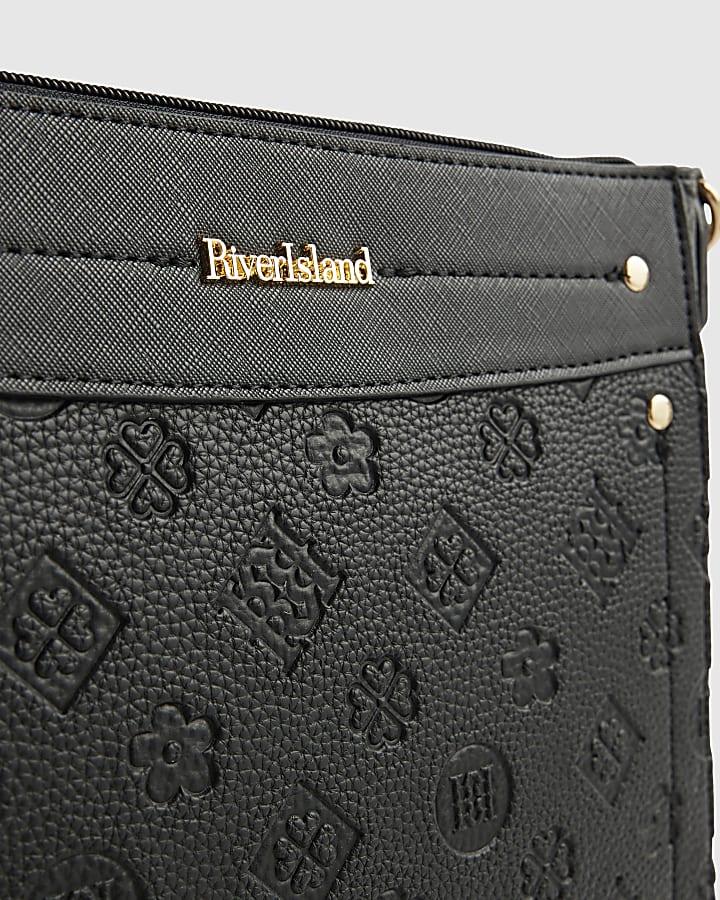 river island Black Monogram Embossed Messenger Bag