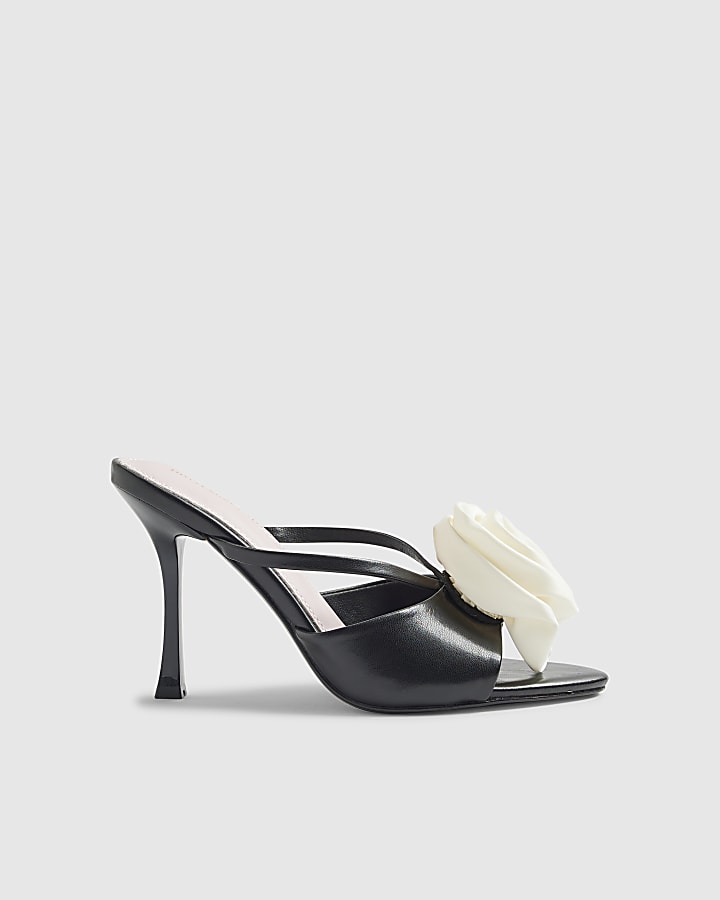 River Island Black Mule Corsage Heeled Sandals