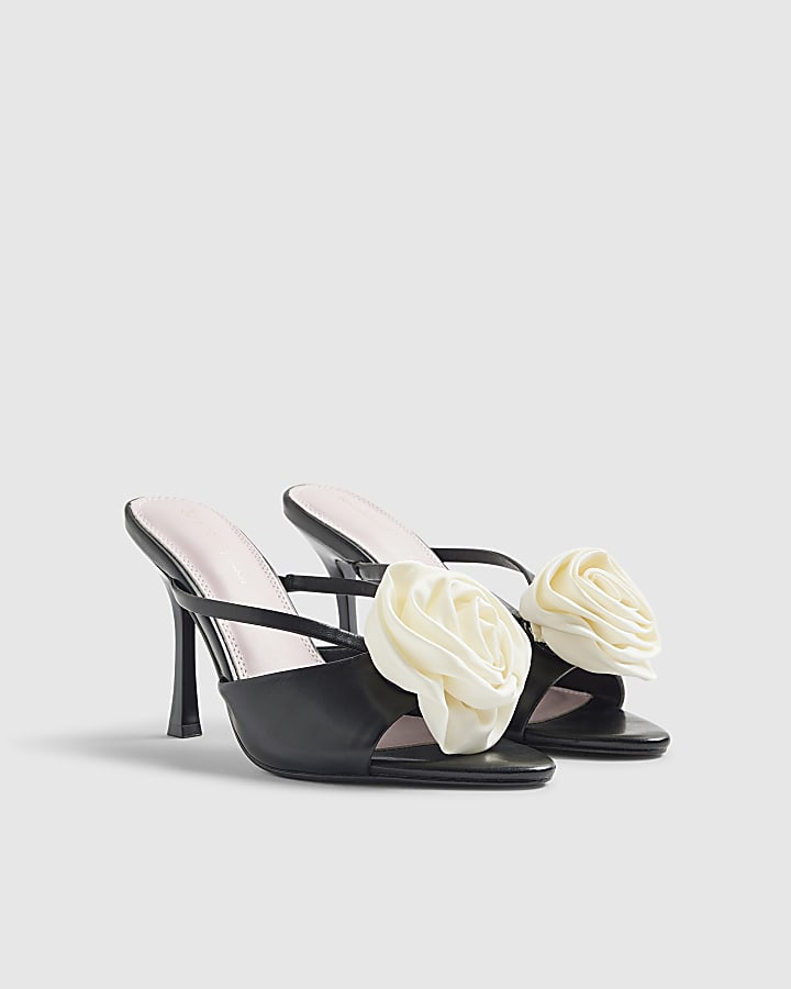 River Island Black Mule Corsage Heeled Sandals